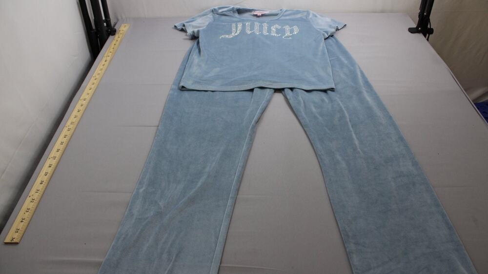 Juicy Couture Pajama Set Womens L Light Blue Rhinestone Top Pants Rhinestones